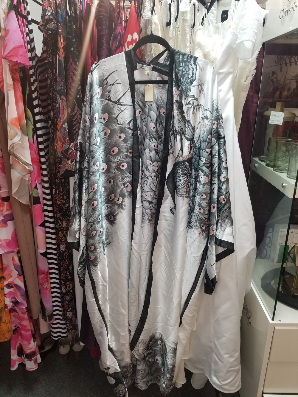 Adonna White Satin Peacock-Print Kimono Robe with Black Trim and Blush Accents